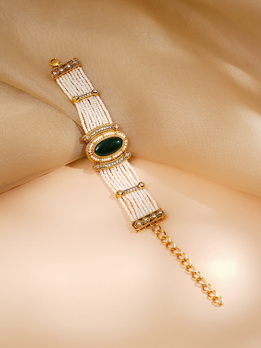 Gold Plated Pearl Beaded Multi Strand Kundan Emerald Centered Bracelet