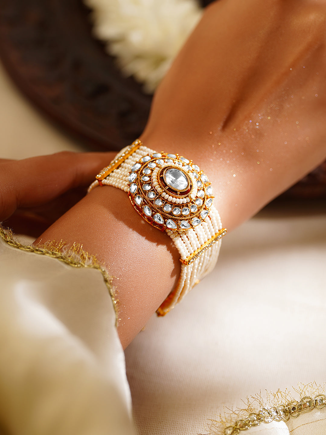 Gold Plated Pearl Beaded Multi Strand Kundan Bracelet