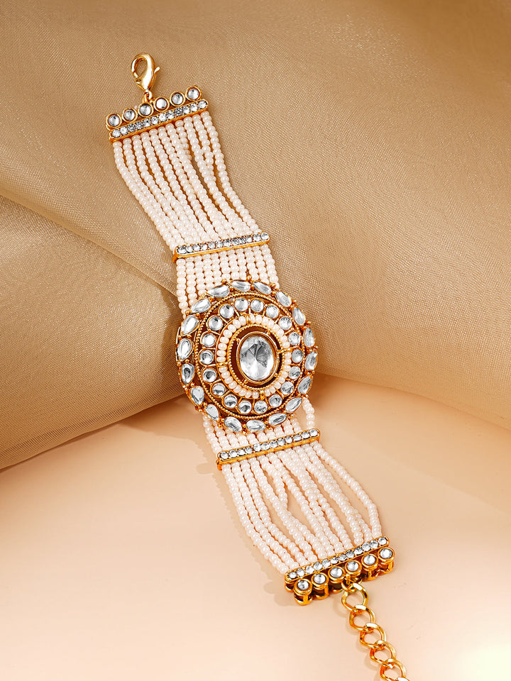 Gold Plated Pearl Beaded Multi Strand Kundan Bracelet