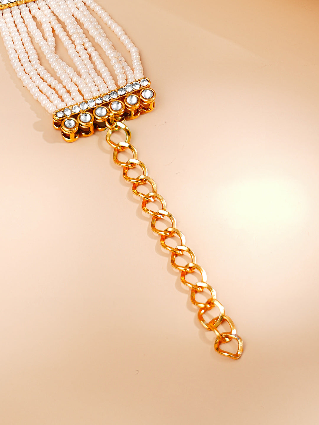 Gold Plated Pearl Beaded Multi Strand Kundan Bracelet