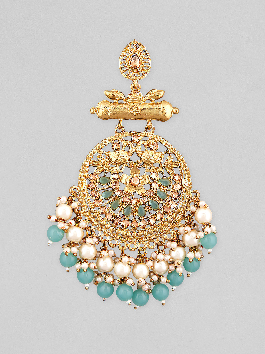 Rubans 18K Antique Gold-Plated Big Chandbali with Pearl & Turquoise Blue Bead Accents