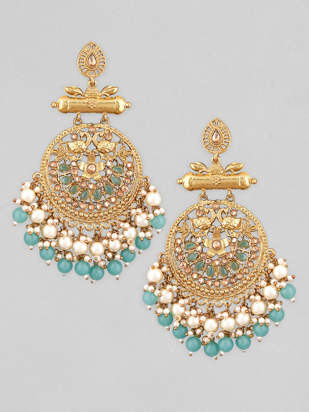 Rubans 18K Antique Gold-Plated Big Chandbali with Pearl & Turquoise Blue Bead Accents