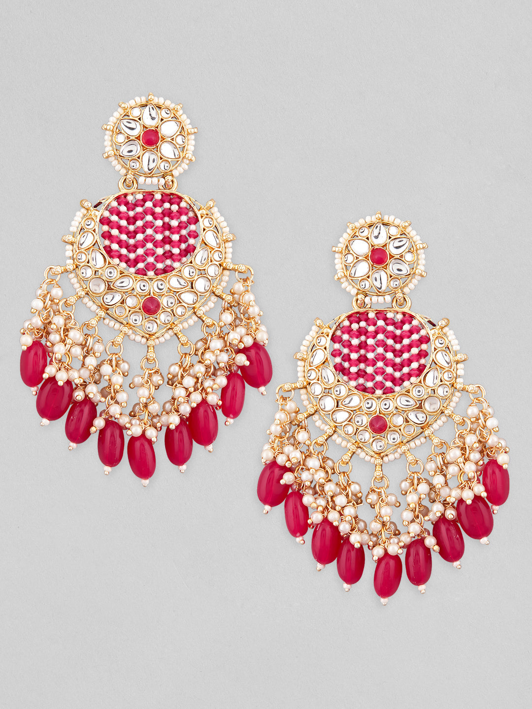 Rubans Gold Plated Chandbali Earrings With Pink And White Beads