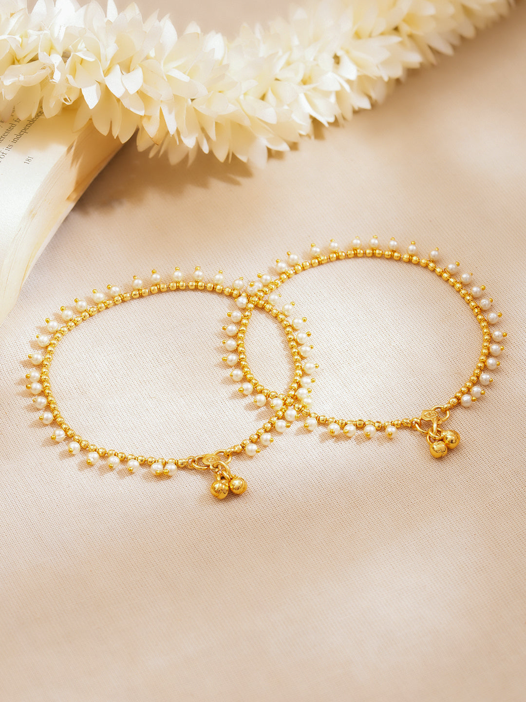 Set of 2 Gold Plated Pearl Beaded Ghungroo Anklets