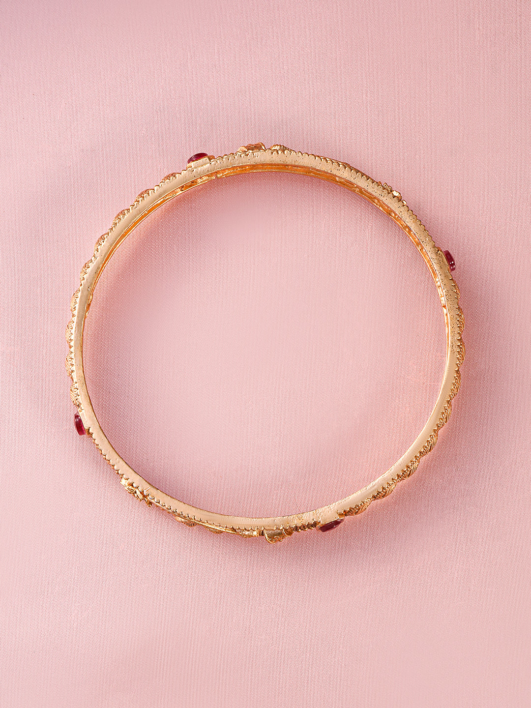 Rubans Set of 4, 22K Gold-Plated Ruby Pink Stone Studded Filigree Traditional Bangles