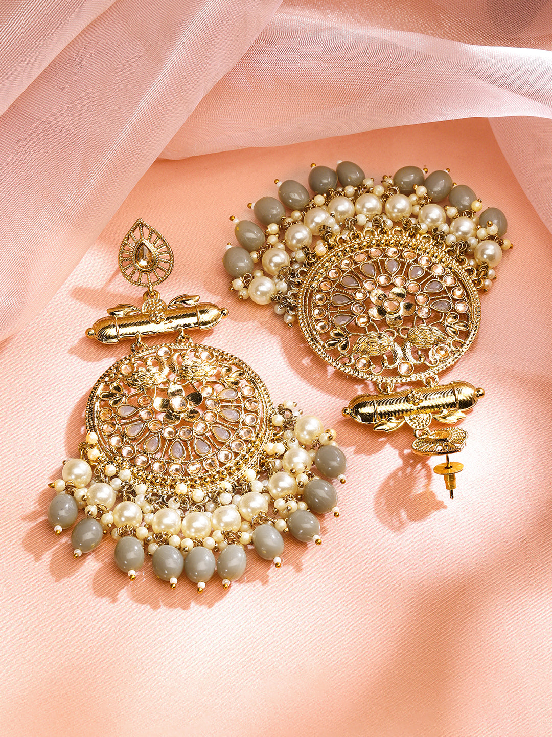 Rubans 22K Gold-Plated Pearl & Grey Stone Studded & Beaded Big Traditional Chandbali Earrings