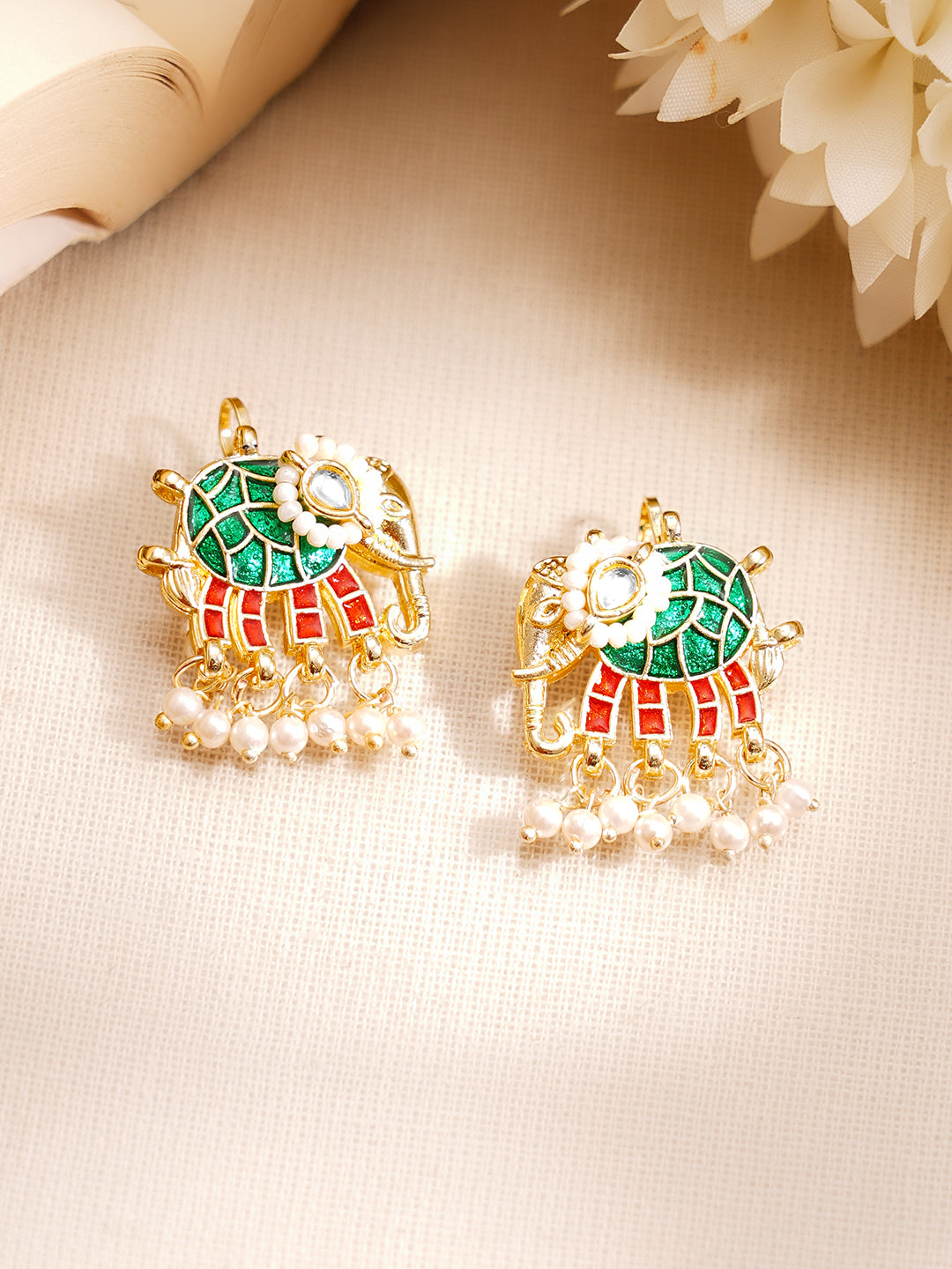 Gold Plated Pearl Beaded Elephant Motif Multicolor Kundan Ear Cuffs
