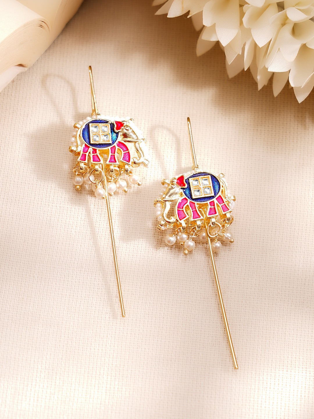 Gold Plated Kundan Elephant Pearl Threader Earrings