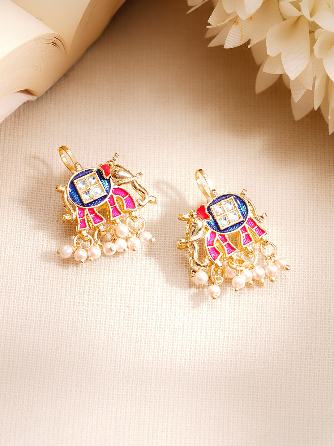 Gold Plated Kundan Elephant Pearl Drop Earrings
