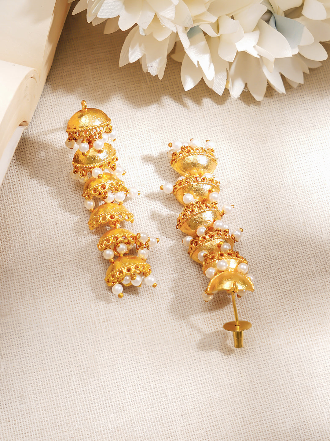 Gold-Plated Pearl Layered Jhumka Dangler Earrings