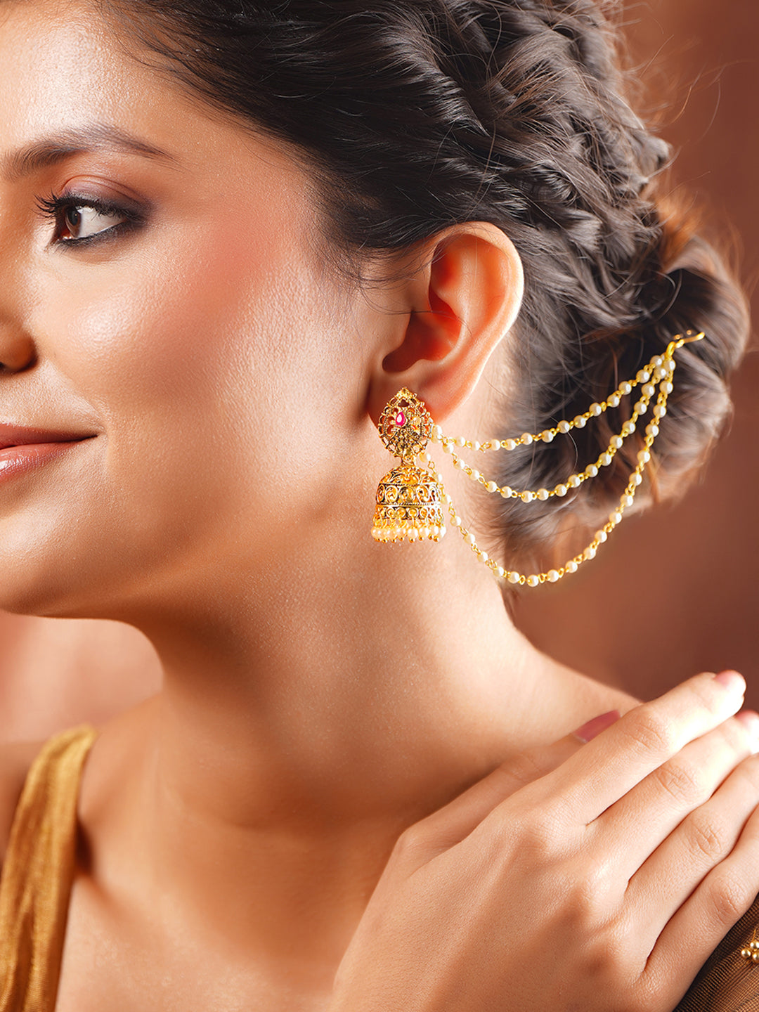 Gold Plated Layer Pearl Beaded Kaan Chain Jhumka's