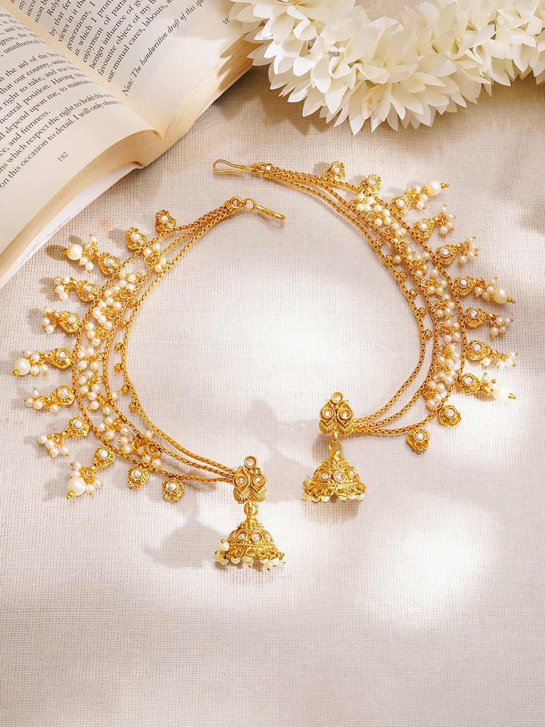 Gold Plated Pearl Beaded Layered Kaan Chain Jhumka's