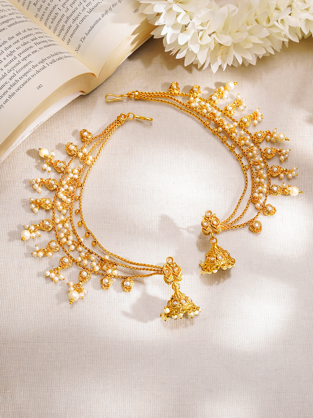Gold Plated Pearl Beaded Layered Kaan Chain Jhumka's