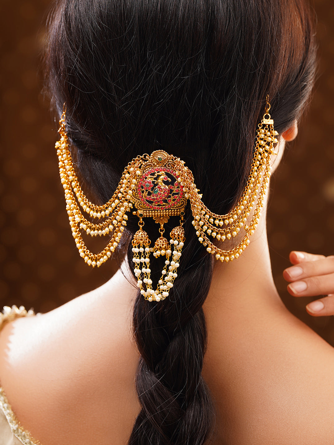 Gold Plated Peacock Motif Ruby Studded Pearl Beaded Hair Brooch