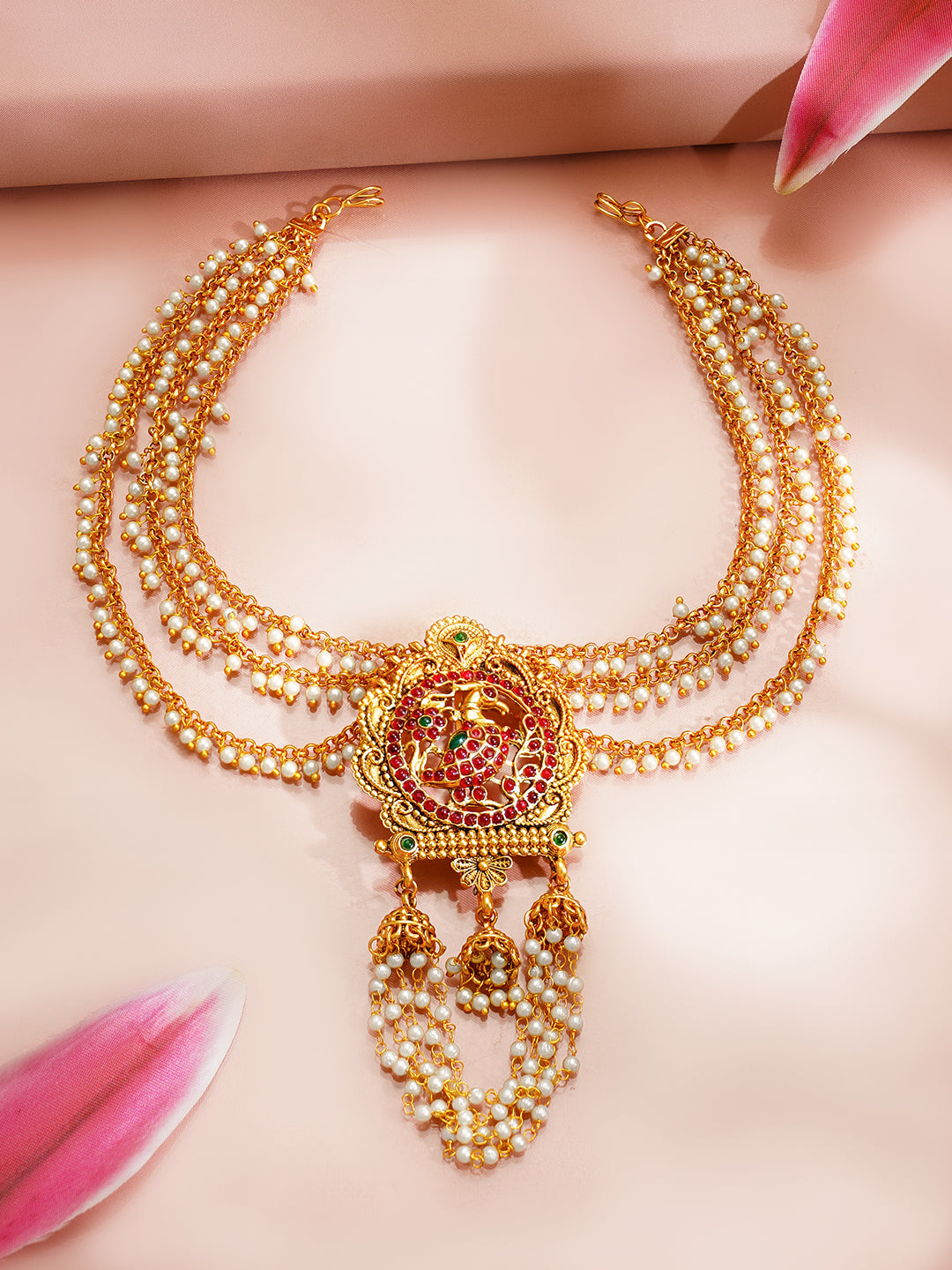 Gold Plated Peacock Motif Ruby Studded Pearl Beaded Hair Brooch