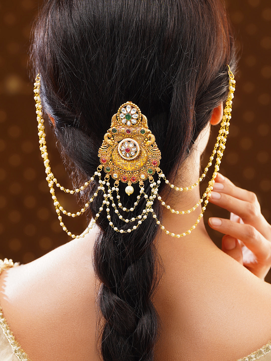 Gold Plated Royal Kundan Bloom Pearl Drape Hair Accessory