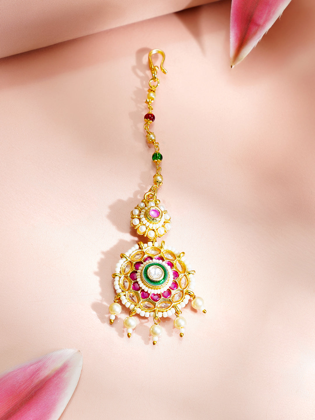 Gold Plated Kundan Pink & Green Studded Maang Tikka