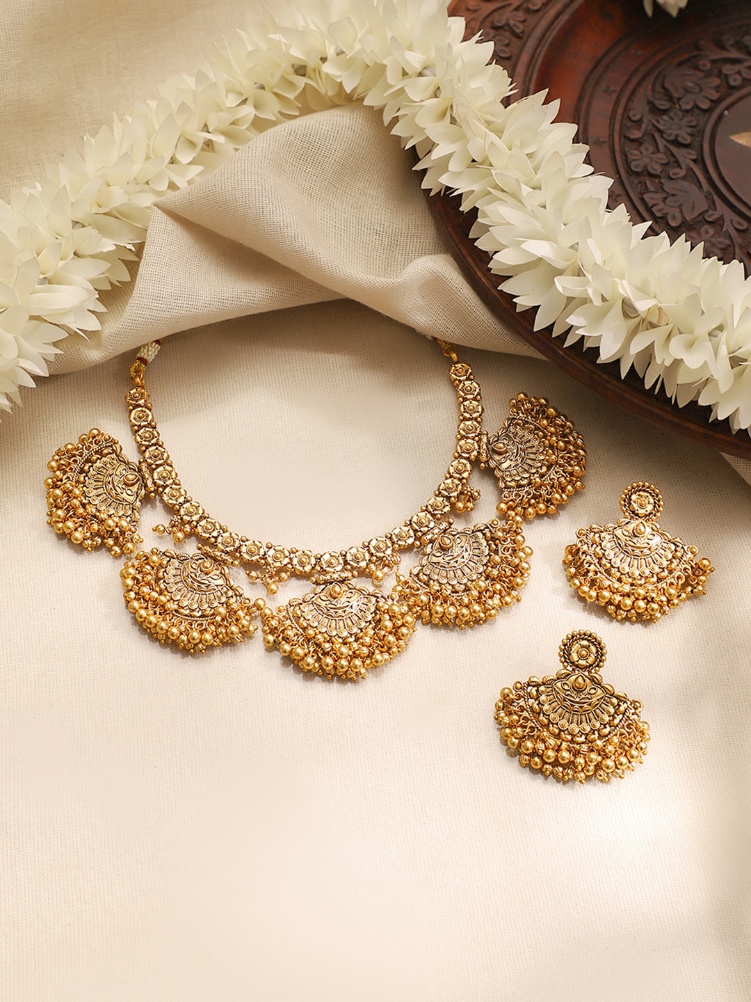 Gold Plated Choker Set With Bead Detailing