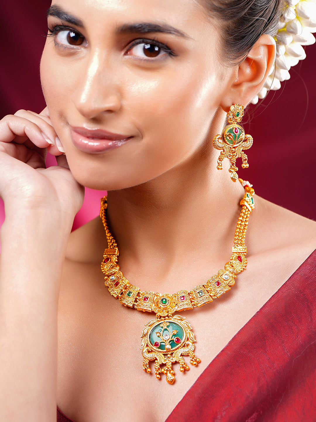 Gold Plated Peacock Motif Floral Design Emerald Gree Necklace Set