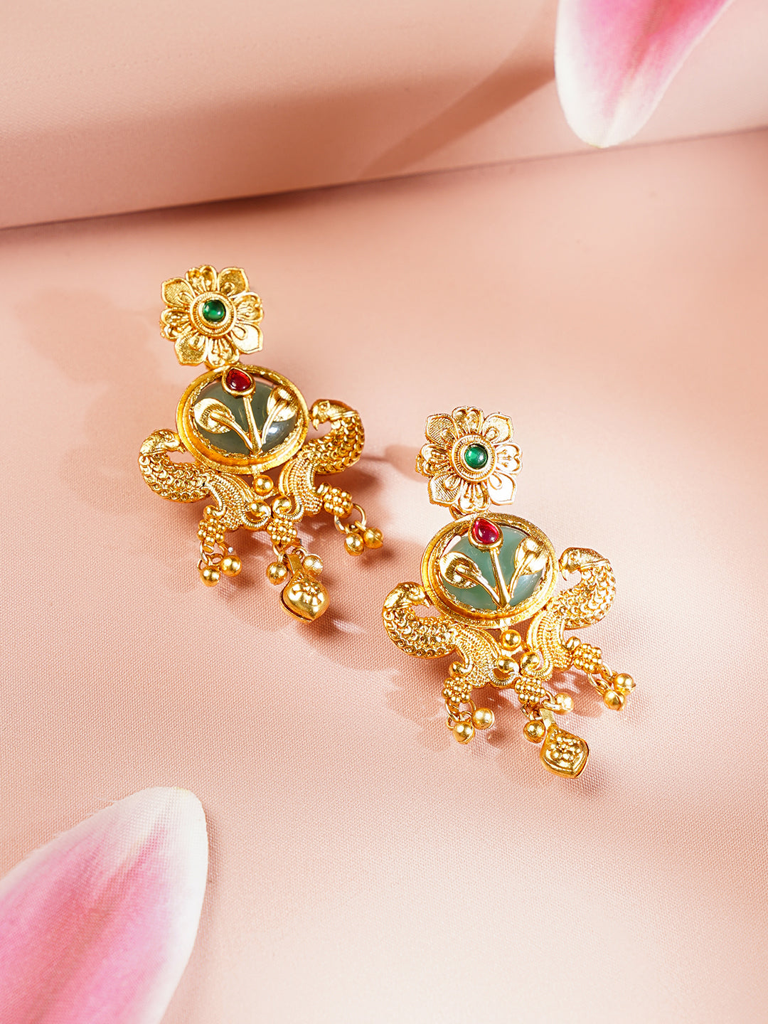 Gold Plated Peacock Motif Floral Design Emerald Gree Necklace Set