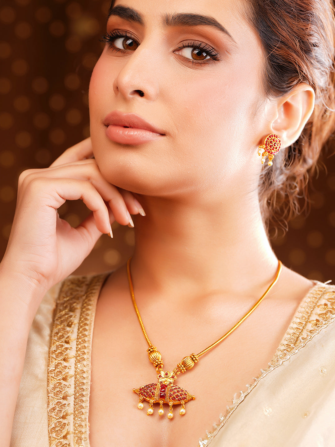 Gold Plated Pearl Drop Lotus Motif Ruby Red Necklace Set