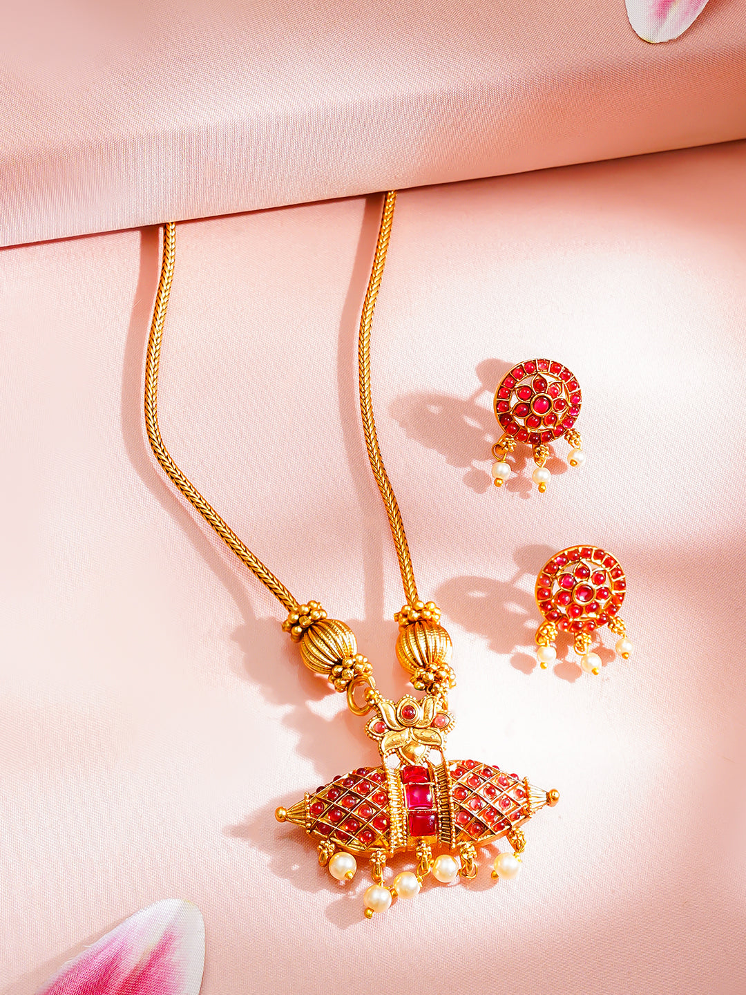 Gold Plated Pearl Drop Lotus Motif Ruby Red Necklace Set