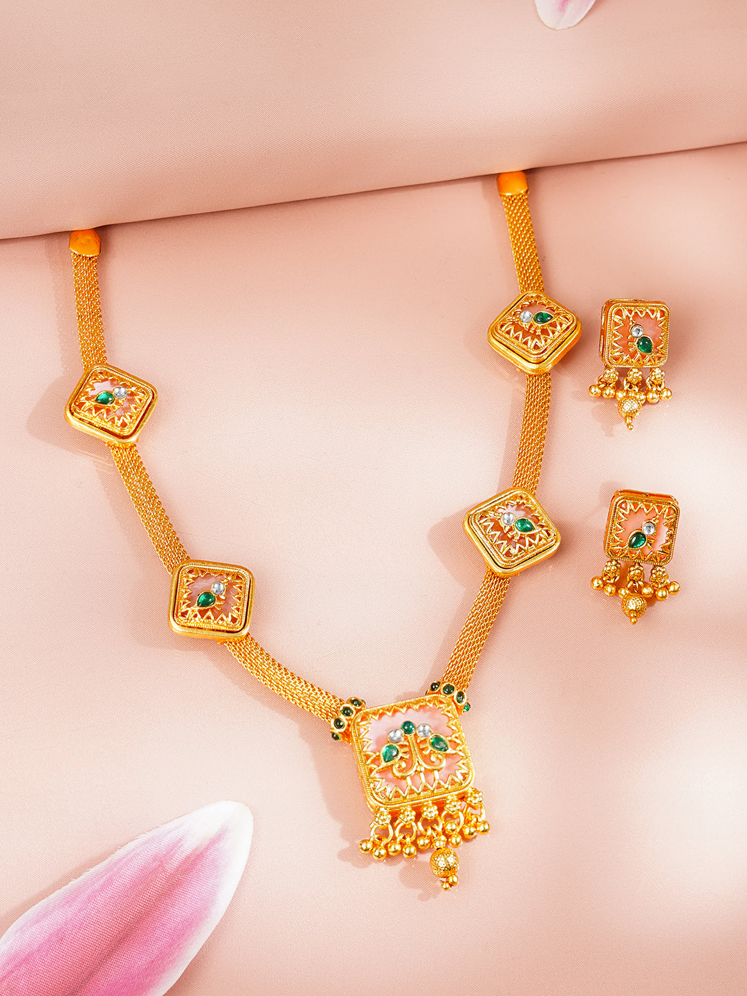 Gold Plated Cubic Motif Pink studded Necklace Set
