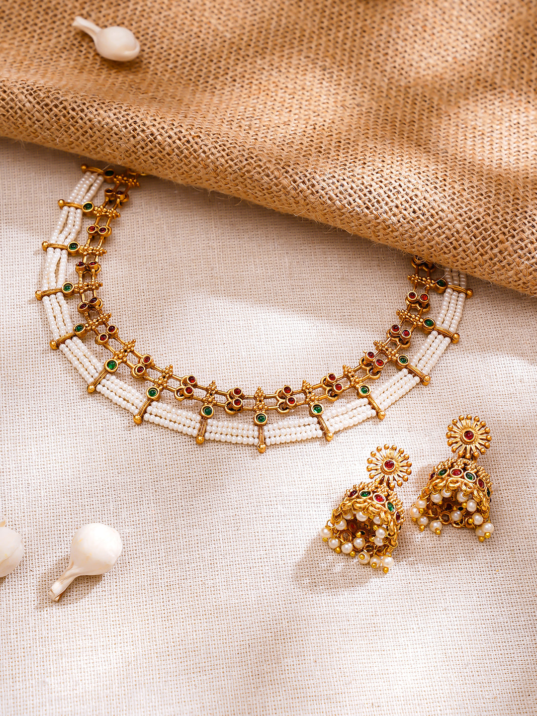 Gold Plated Pink & Green studded pearl beaded Dual layered Choker set