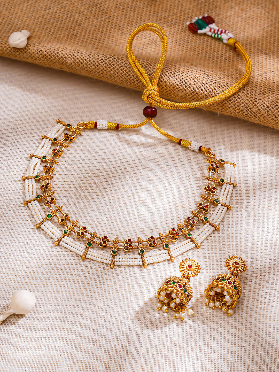 Gold Plated Pink & Green studded pearl beaded Dual layered Choker set
