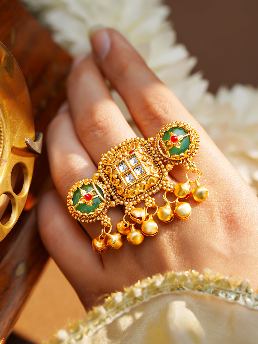 Gold Plated Kundan Emerald Green Ring With Ghungroo Drops