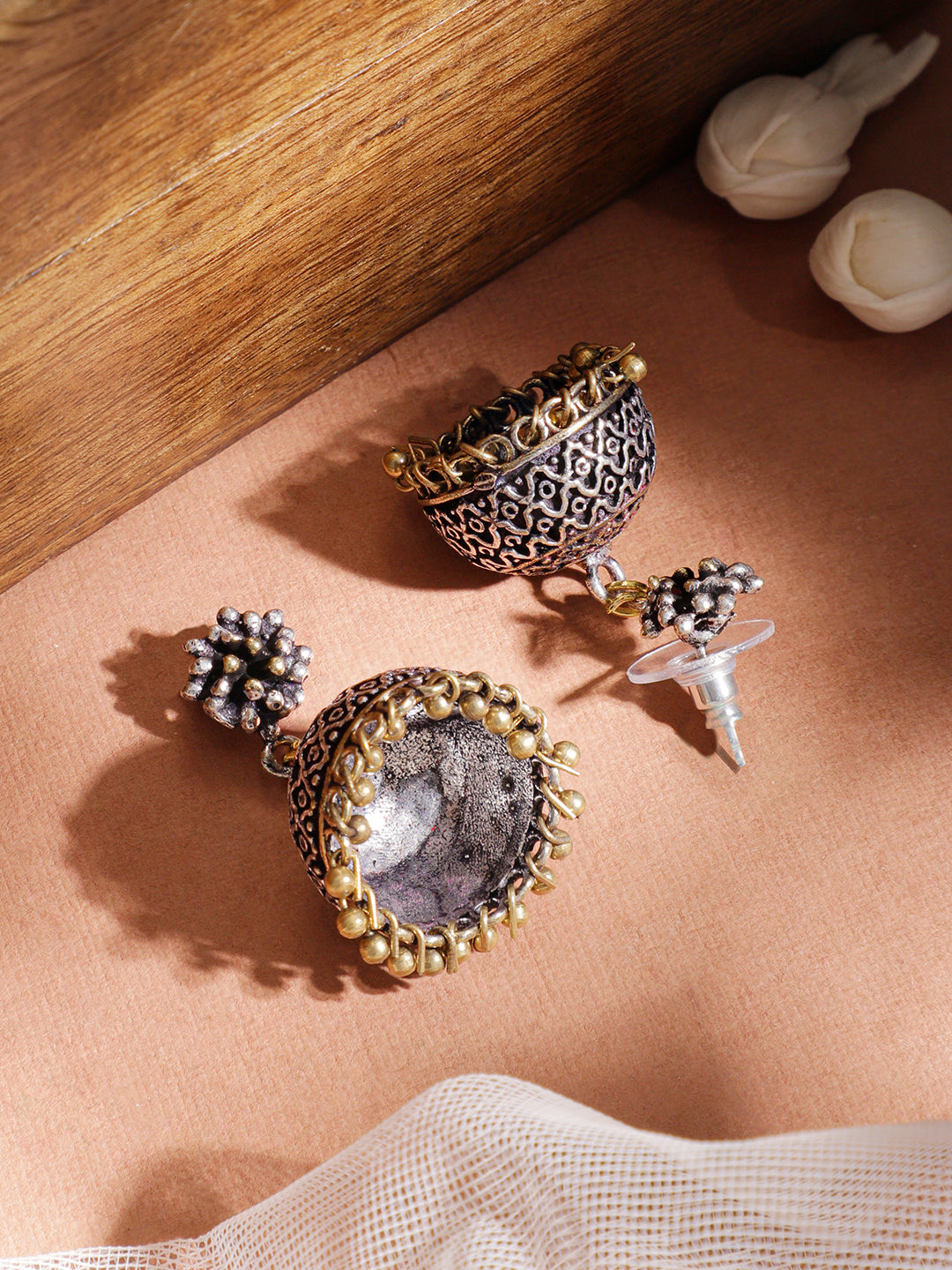 Rubans Oxidized Silver-Plated Dual-Tone Jhumka Earrings with Gold Beaded Drops