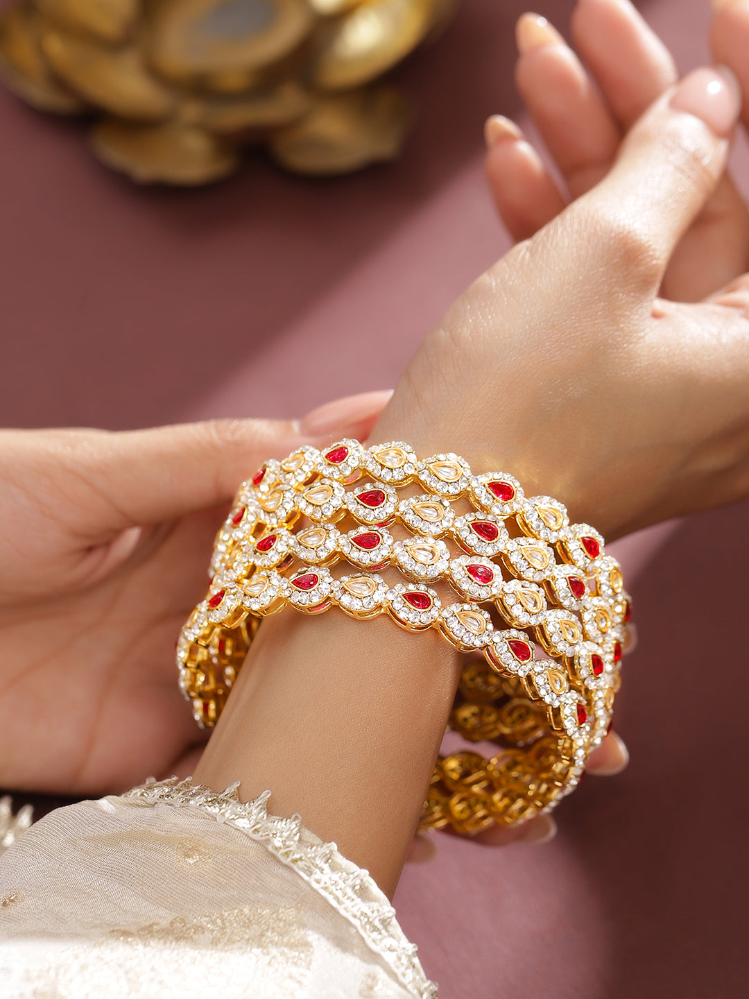 Rubans Set of 4 18K Mehandi Gold-Plated Ruby Pink & White Kundan Studded Designer Bangles