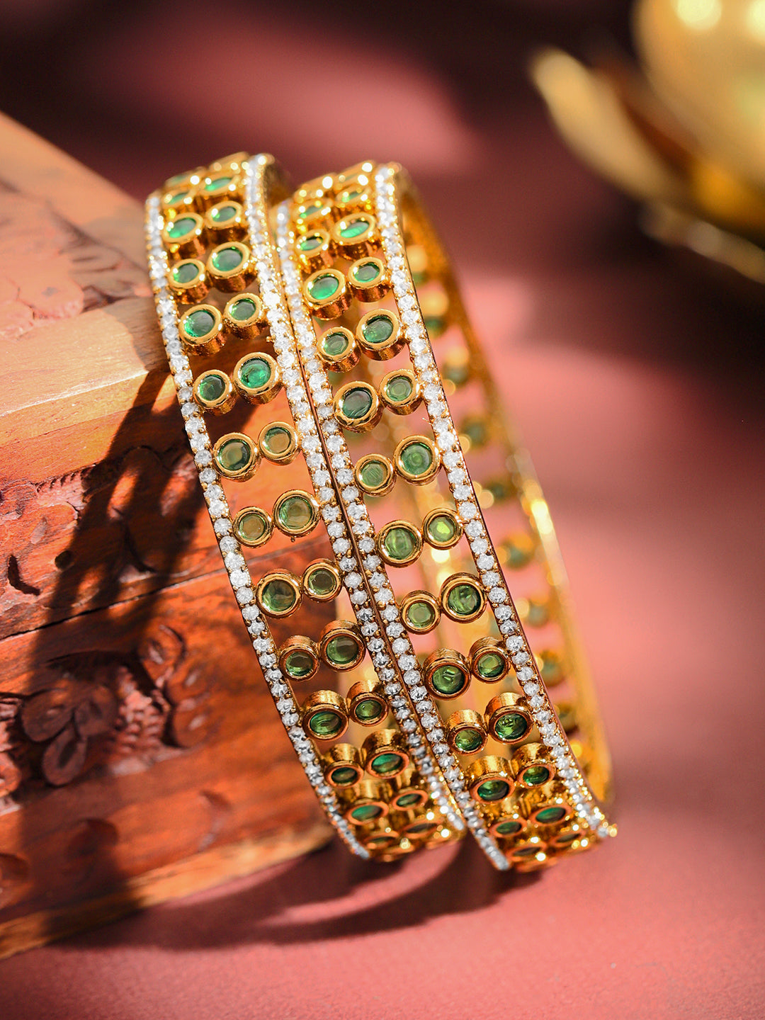 Set of 2 22K Gold-Plated Emerald Green & White Cubic Zirconia Designer Bangles