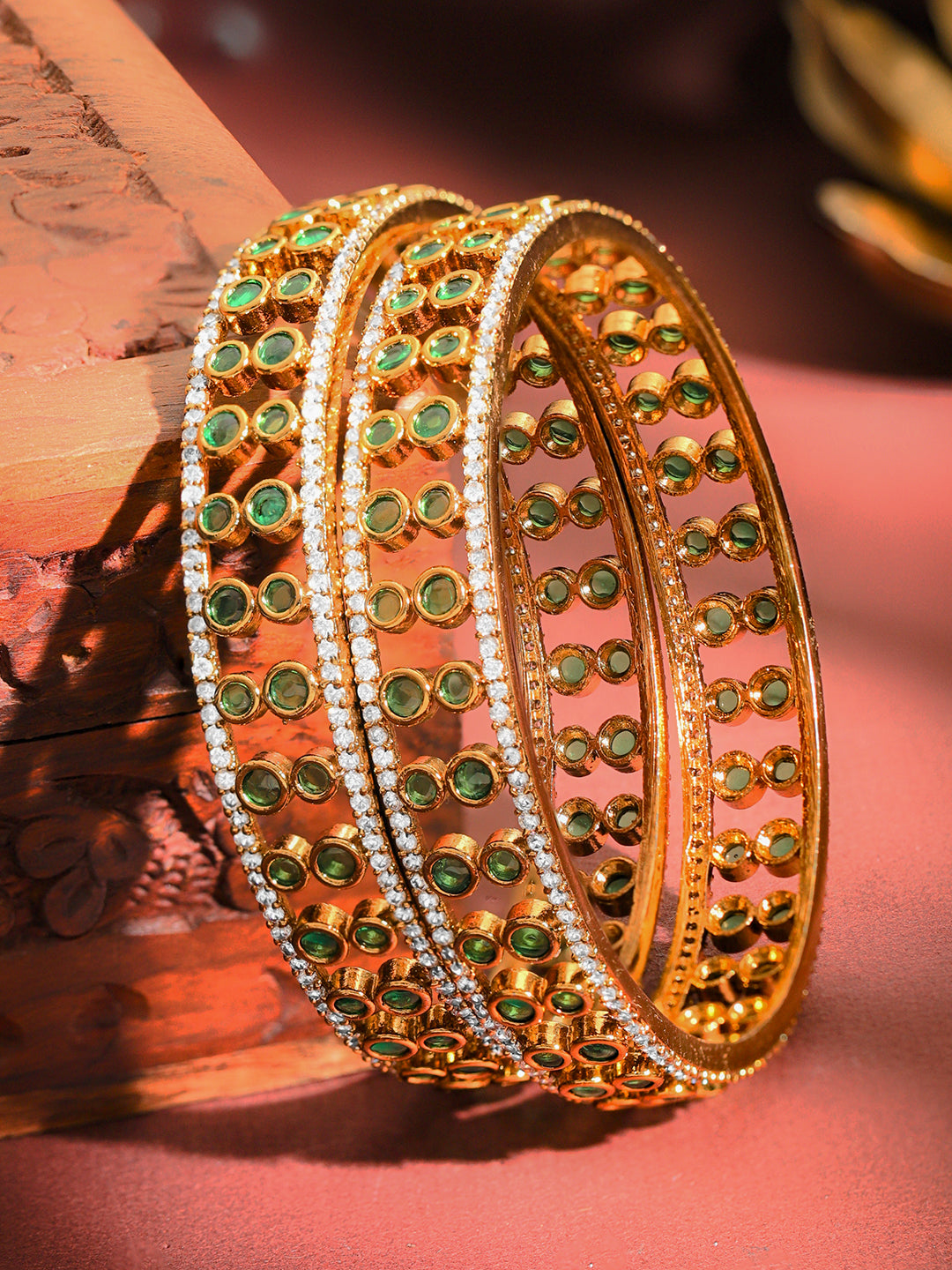 Set of 2 22K Gold-Plated Emerald Green & White Cubic Zirconia Designer Bangles