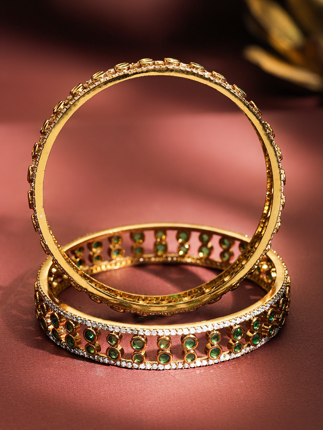 Set of 2 22K Gold-Plated Emerald Green & White Cubic Zirconia Designer Bangles