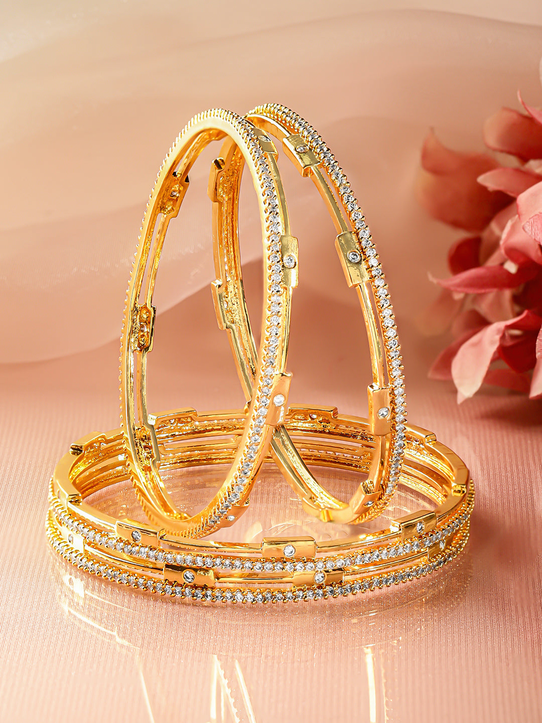 American Diamond Zirconia Studded Gold Bangles Set Of 4
