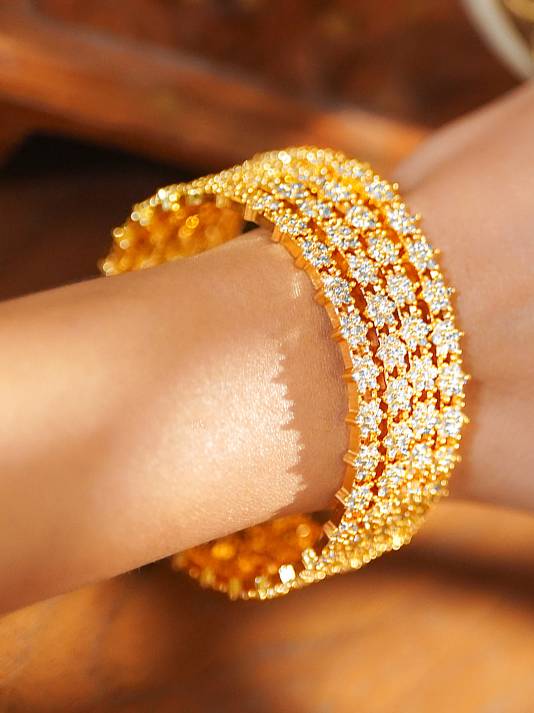 Floral American Diamond Zirconia Golden Bangles Set Of 4