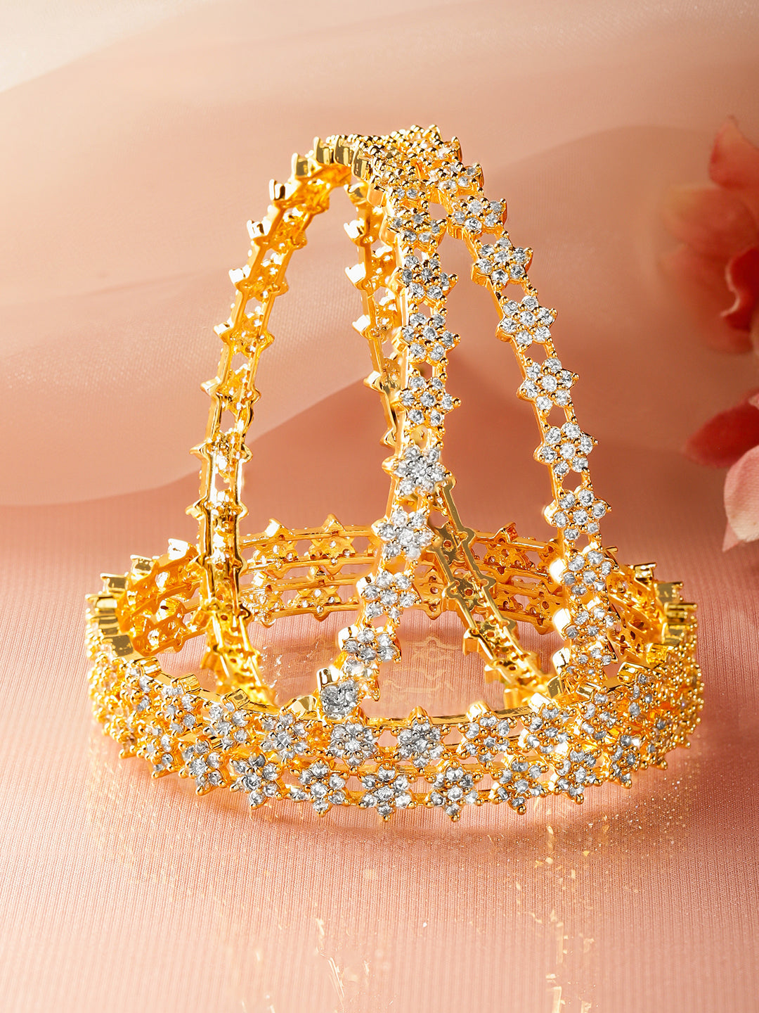 Floral American Diamond Zirconia Golden Bangles Set Of 4