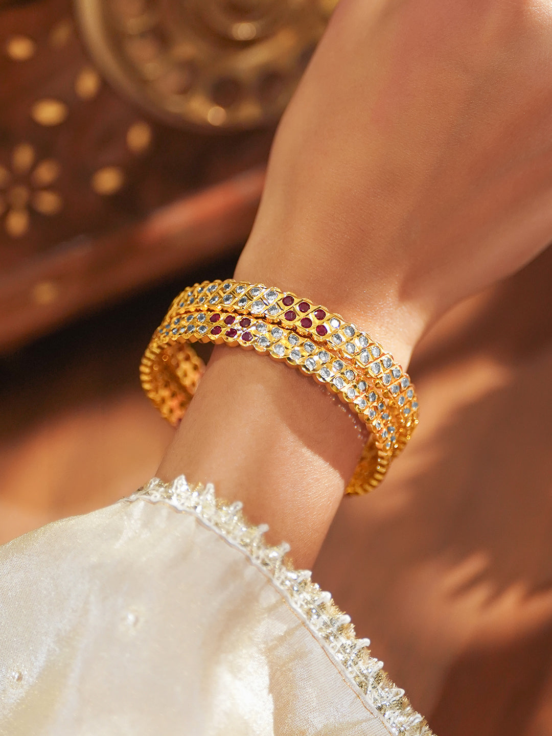 Set Of 2 Pink American Diamond Zirconia Gold Bangles