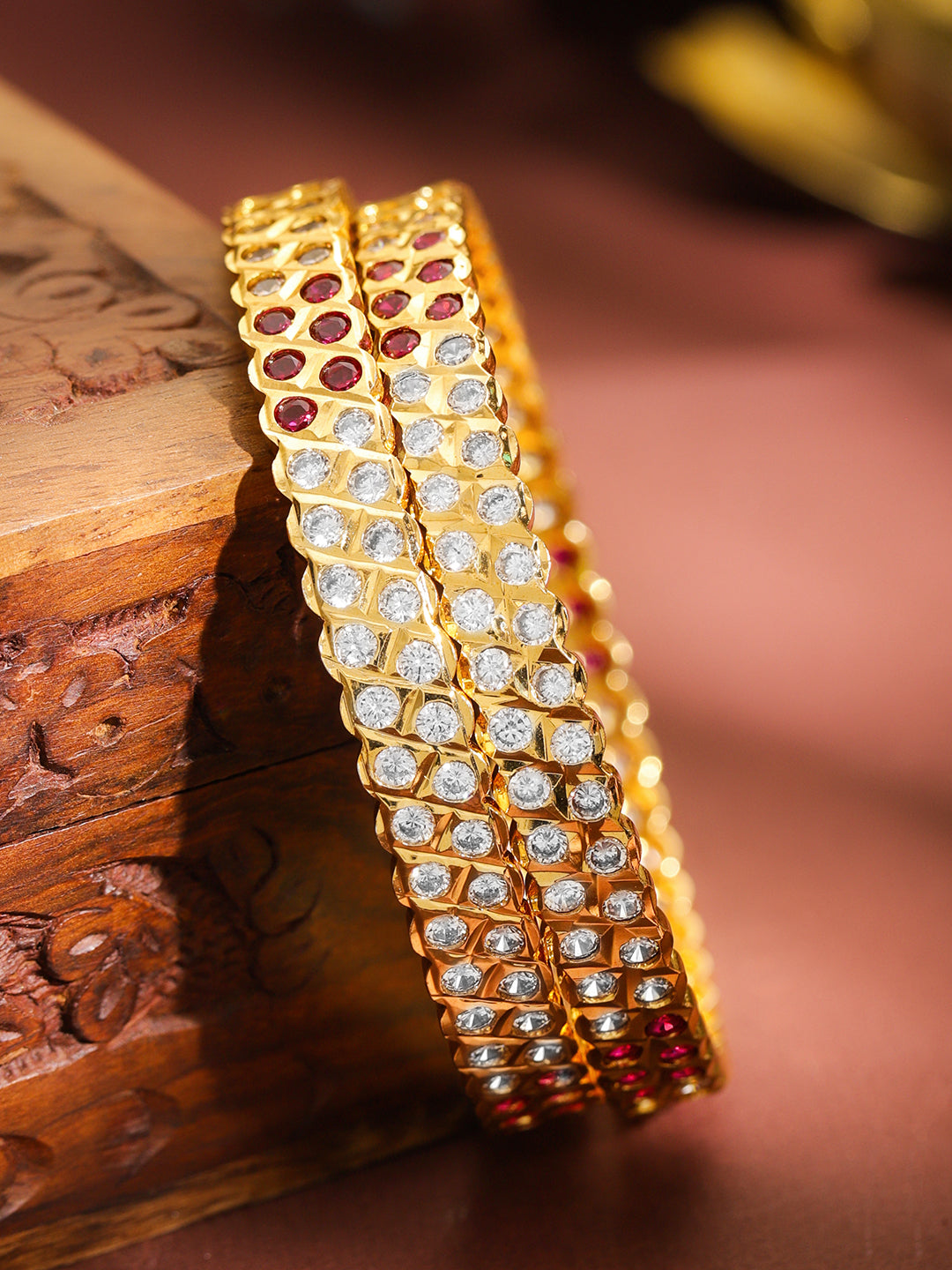 Set Of 2 Pink American Diamond Zirconia Gold Bangles