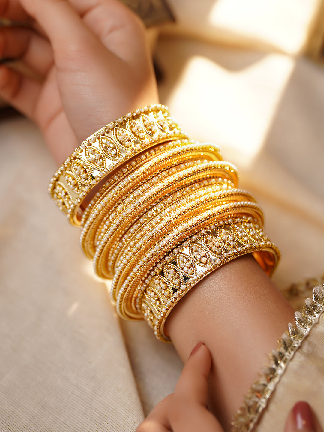 Timeless Pearl Work Bridal Gold Bangles