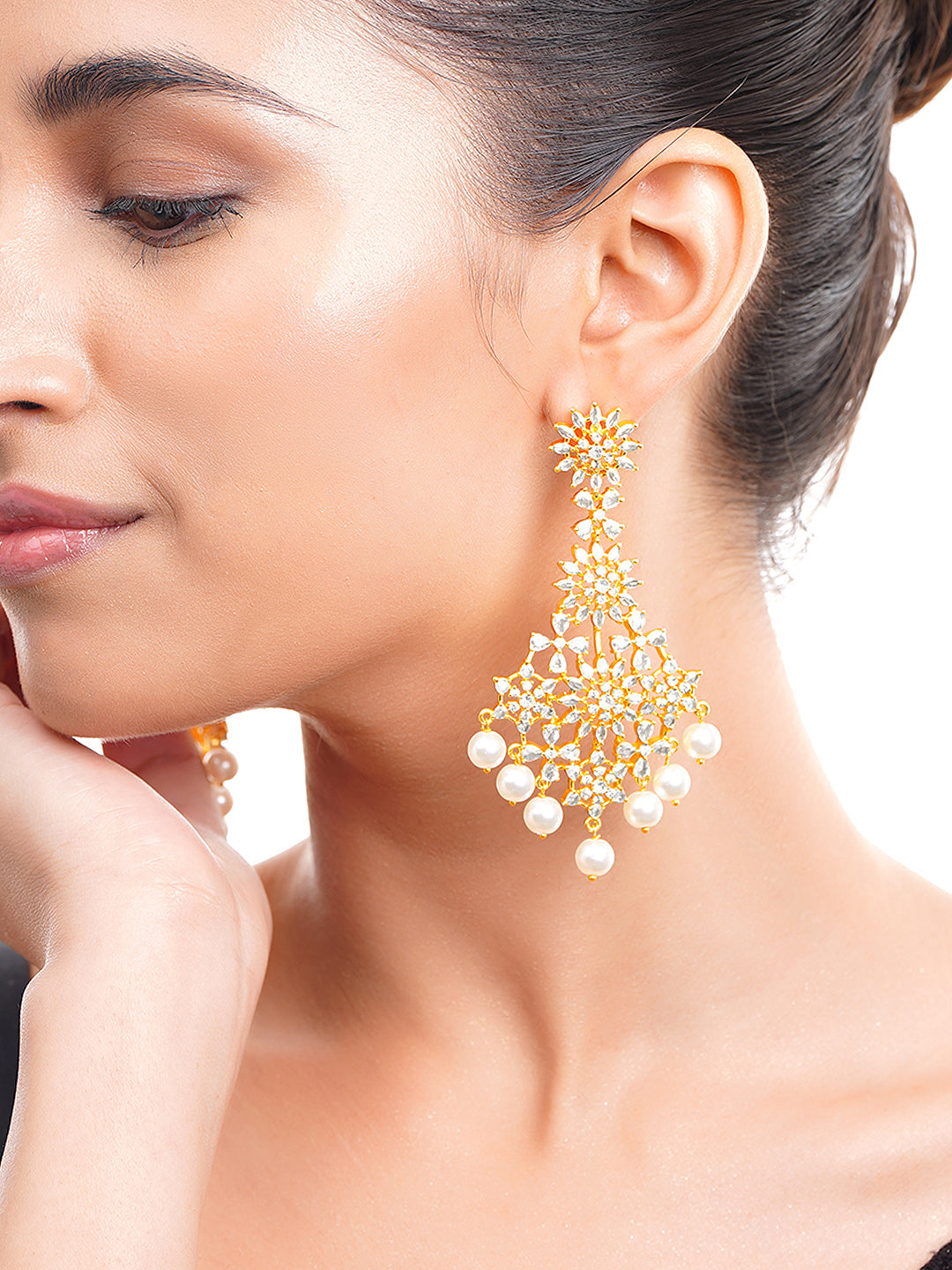 Gold Plated Pearl Drop American Diamond Zirconia Dangler Earrings