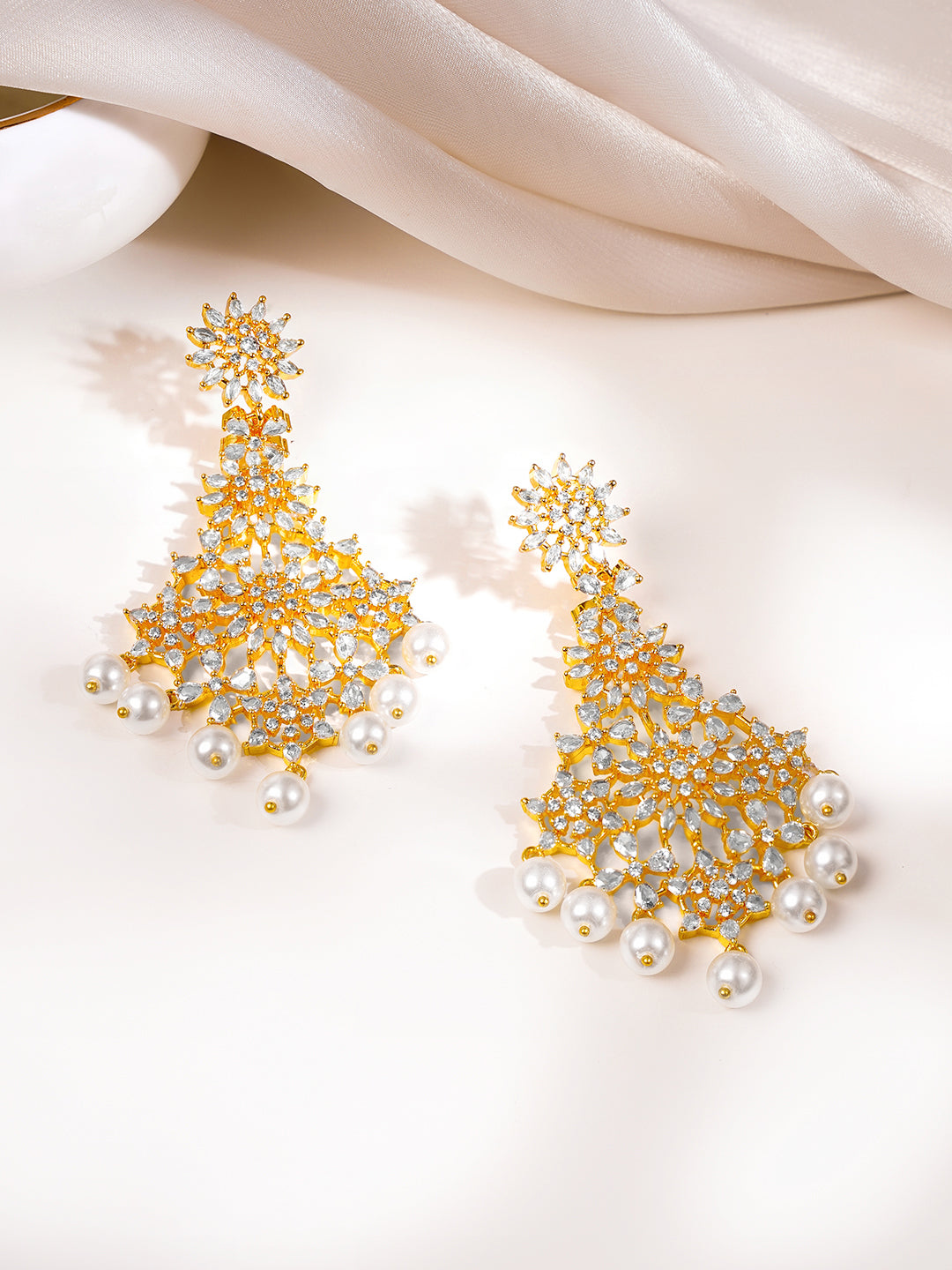 Gold Plated Pearl Drop American Diamond Zirconia Dangler Earrings