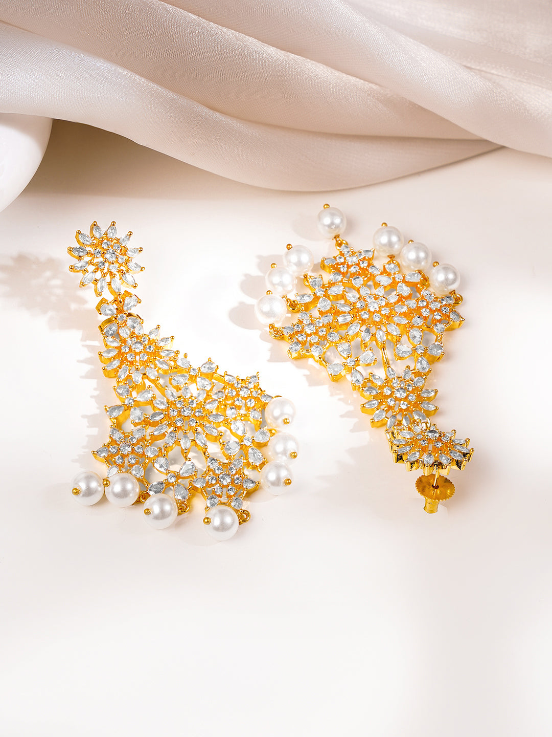 Gold Plated Pearl Drop American Diamond Zirconia Dangler Earrings