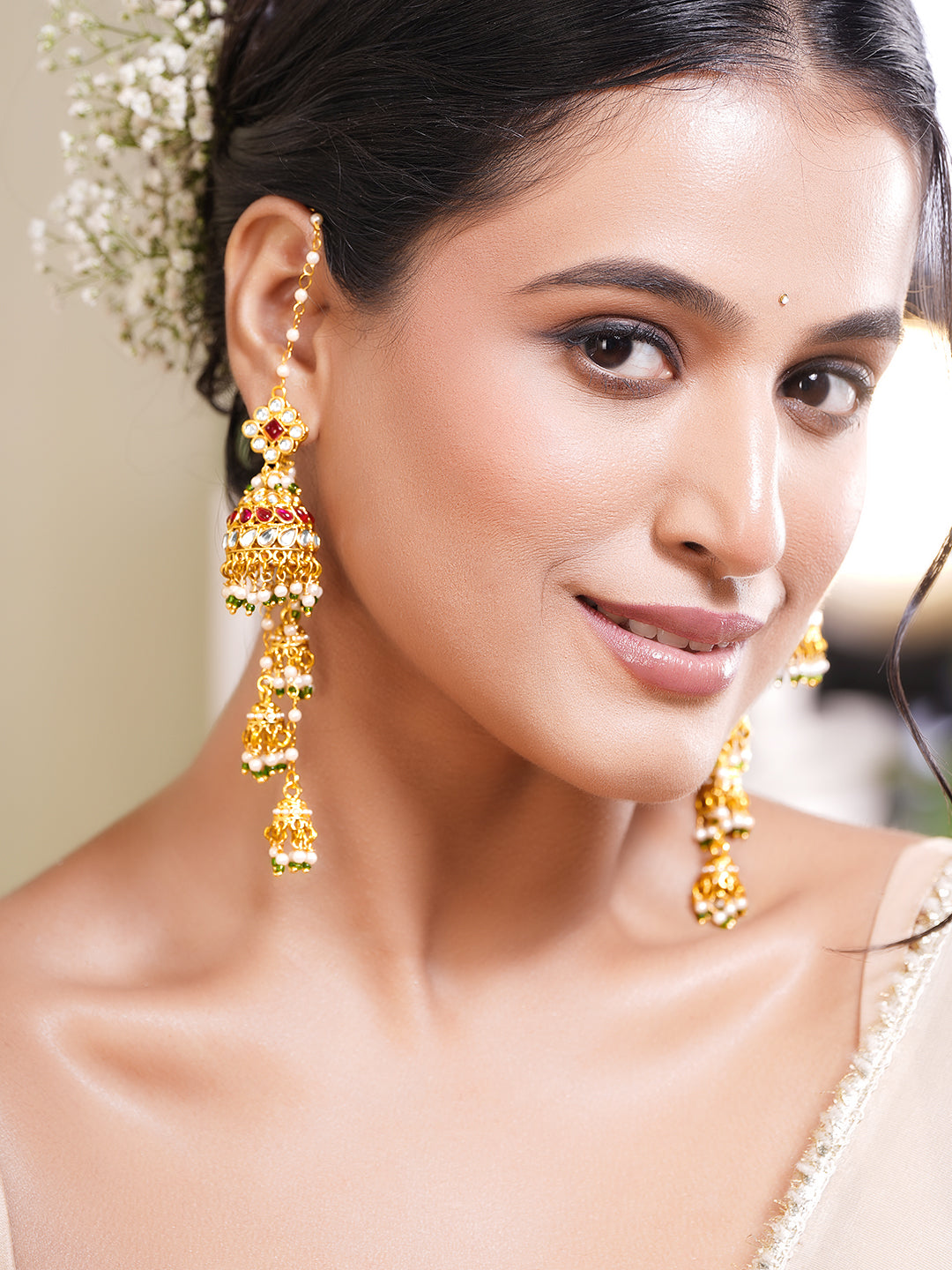 Gold-Plated Ruby Kundan Pearl Kaan Chain Jhumka Earrings