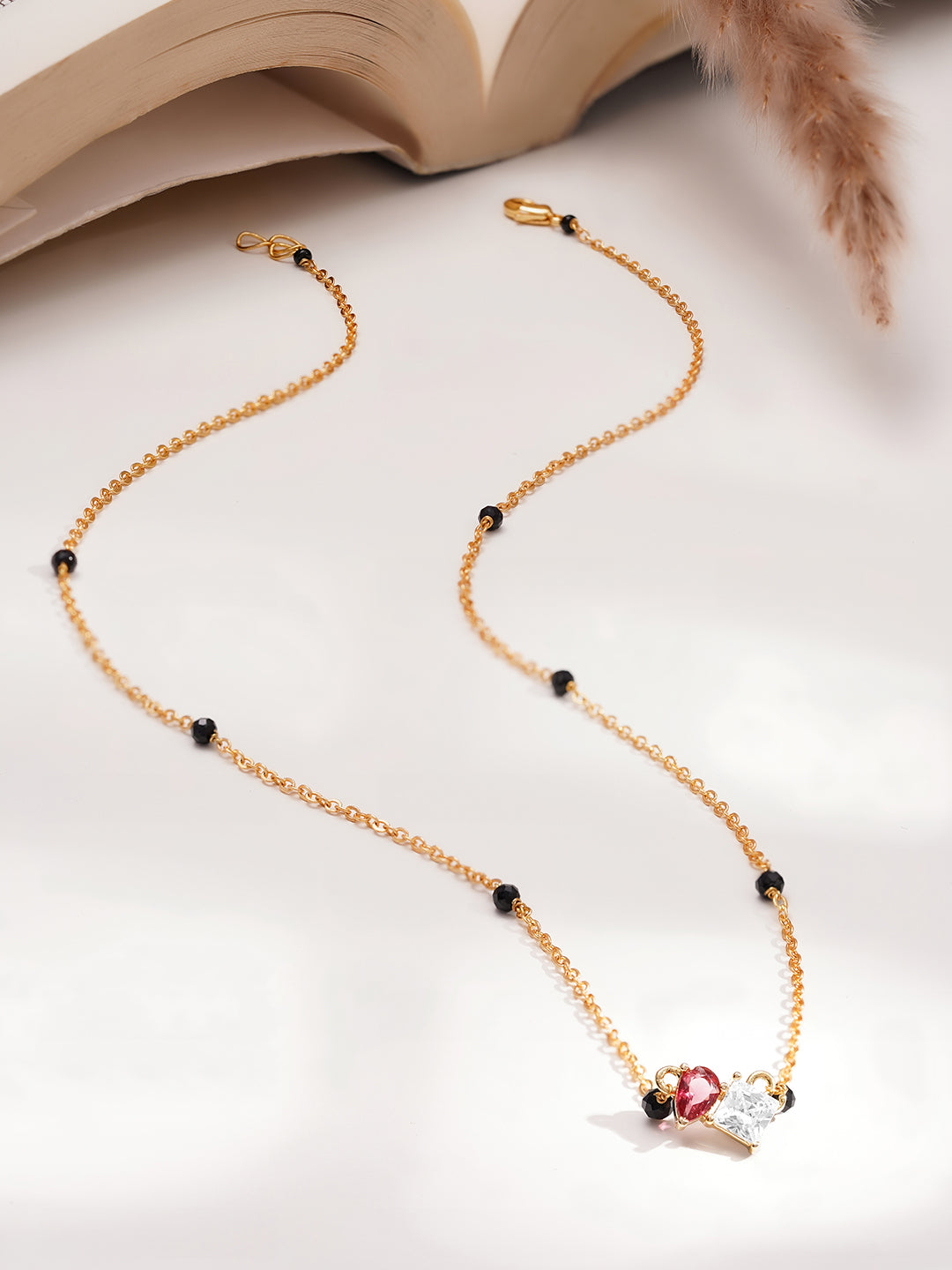 Gold Plated Cubic Zirconia Twin Heart Mangalsutra Necklace