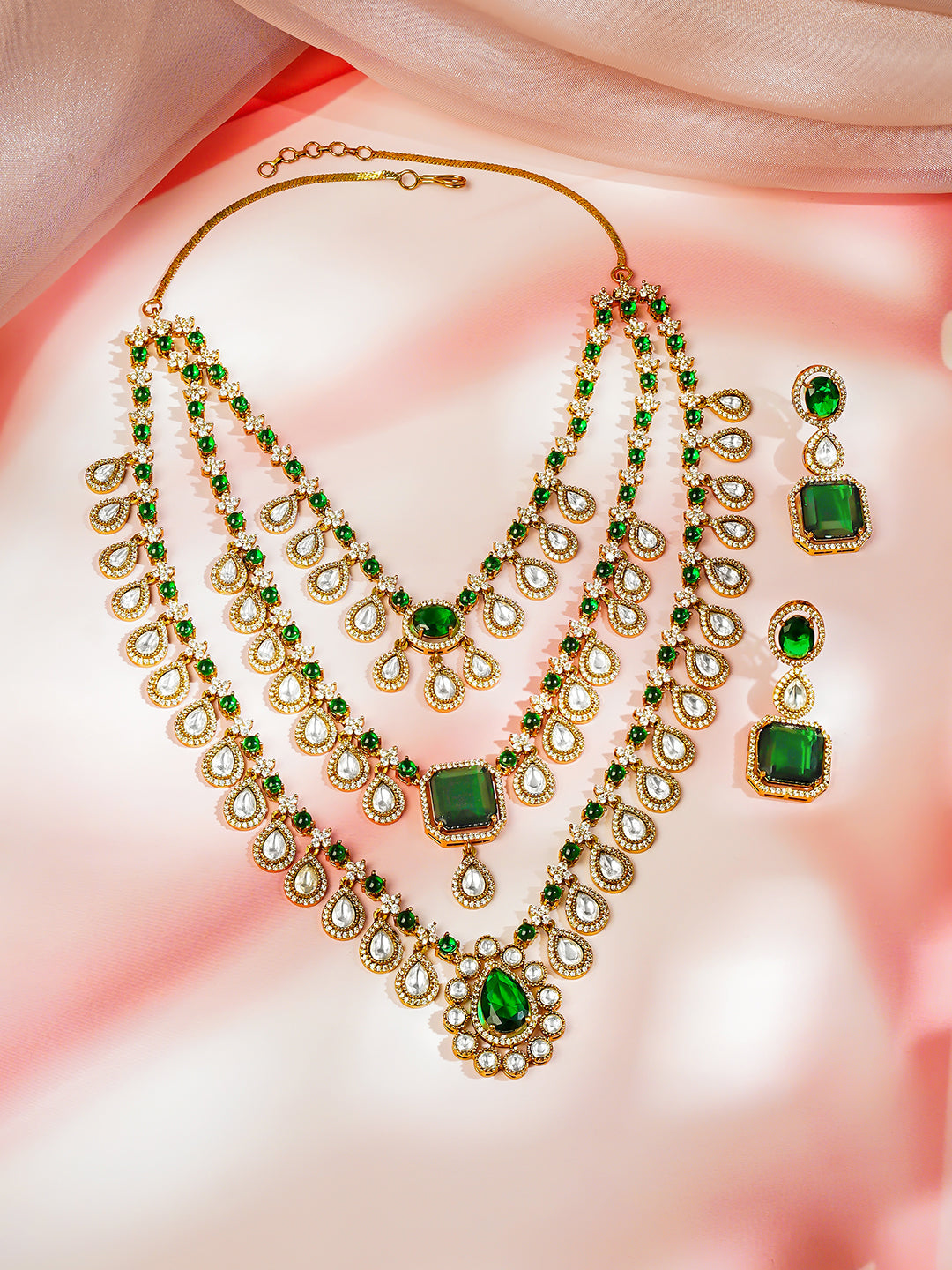 Gold plated Teardrop Layered Emerald Necklace Set