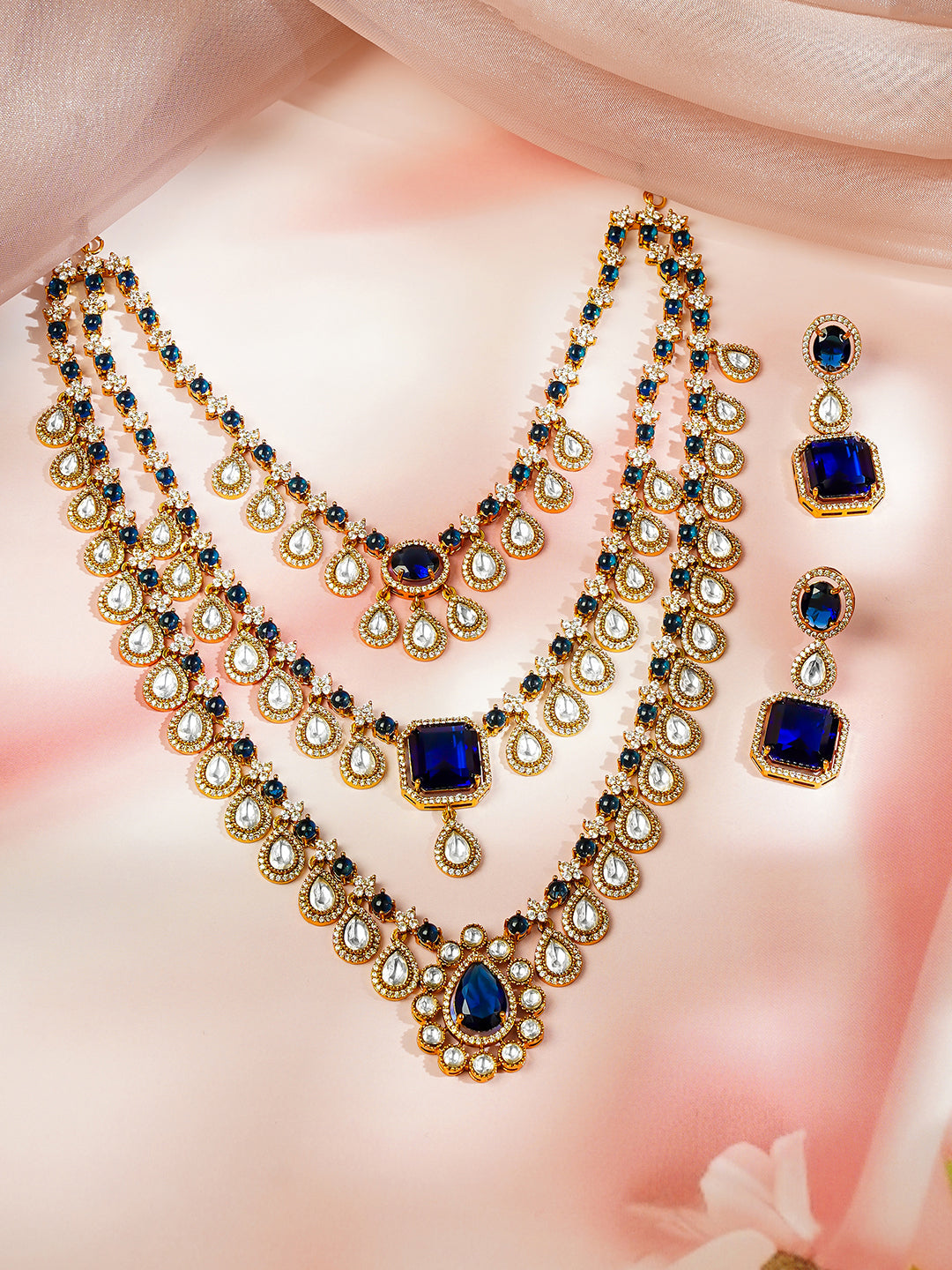 Gold plated Teardrop Layered Blue Sapphire Necklace Set