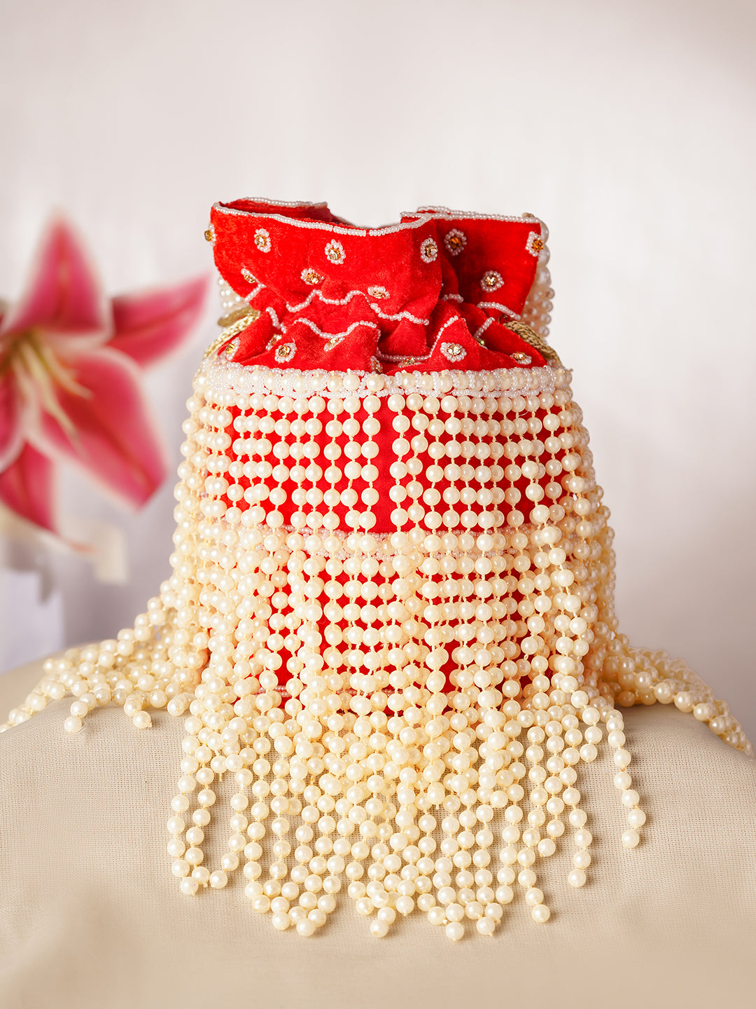 Red Cascading Pearl Embellished Ethnic Potli Bag