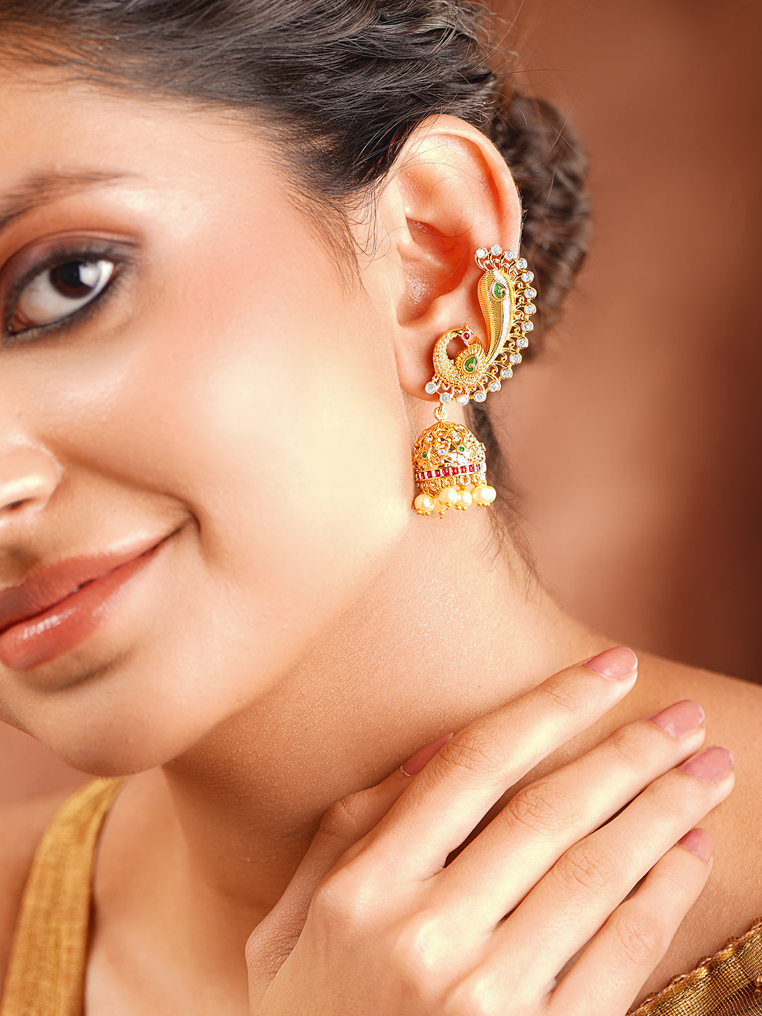 Gold Plated American Diamond Zirconia Peacock Motif Pearl Drop Ear Cuff jhumkas